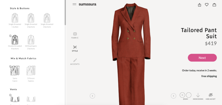 A screenshot from the Sumissura website showing the many ways to customize a woman's suit to accommodate curves and other needs.